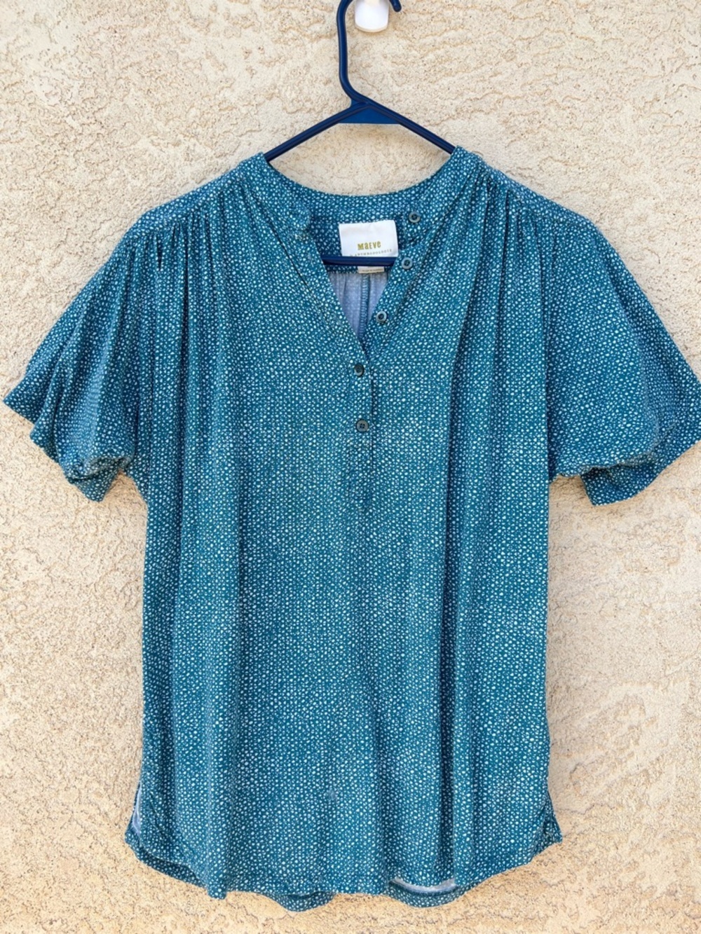 ANTHROPOLOGIE SOFT KNIT TEAL BLUE BLOCK PRINT SS HENLEY BLOUSE SIZE XS